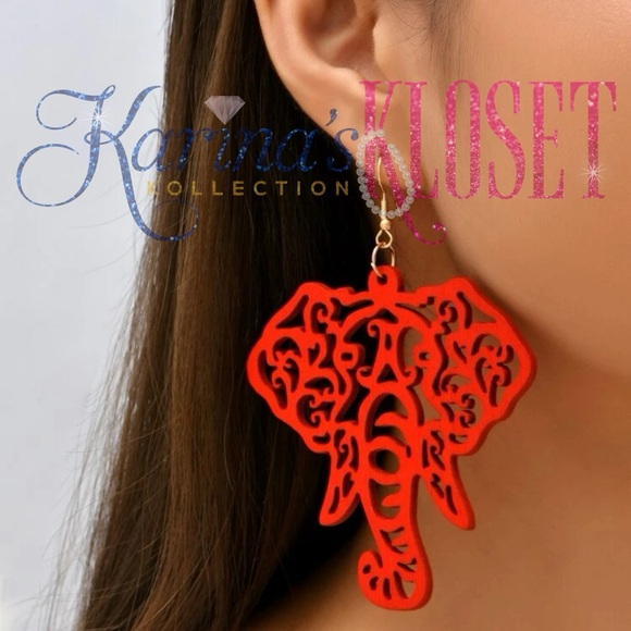 Red Elephant Earrings | Custom Carved Wooded Earrings 🐘 - Picture 1 of 2